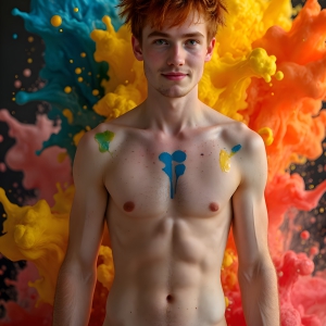 Paint Splat Fun - AI Photos of Hot men having fun with body paint. AI-generated abstract art featuring beautiful, handsome, sexy, shirtless, men, boys, lads, full of excitement joy and fun, covered in body paint, dynamic, interactive, Combining elements of realism with surreal abstract qualities, showcasing the potential of AI, in artistic expression. Photos of guys, just smiling, happy, and having a good time. Most of them are smiling because a paint bomb just blow up next to them, so I'm calling is Abstract Art. When paint attacks and makes people happy, it's Art!