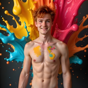 Paint Splat Fun - AI Photos of Hot men having fun with body paint. AI-generated abstract art featuring beautiful, handsome, sexy, shirtless, men, boys, lads, full of excitement joy and fun, covered in body paint, dynamic, interactive, Combining elements of realism with surreal abstract qualities, showcasing the potential of AI, in artistic expression. Photos of guys, just smiling, happy, and having a good time. Most of them are smiling because a paint bomb just blow up next to them, so I'm calling is Abstract Art. When paint attacks and makes people happy, it's Art!