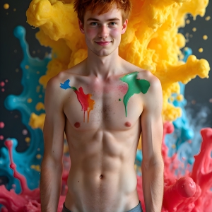 Paint Splat Fun - AI Photos of Hot men having fun with body paint. AI-generated abstract art featuring beautiful, handsome, sexy, shirtless, men, boys, lads, full of excitement joy and fun, covered in body paint, dynamic, interactive, Combining elements of realism with surreal abstract qualities, showcasing the potential of AI, in artistic expression. Photos of guys, just smiling, happy, and having a good time. Most of them are smiling because a paint bomb just blow up next to them, so I'm calling is Abstract Art. When paint attacks and makes people happy, it's Art!