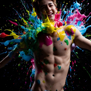 Paint Splat Fun - AI Photos of Hot men having fun with body paint. AI-generated abstract art featuring beautiful, handsome, sexy, shirtless, men, boys, lads, full of excitement joy and fun, covered in body paint, dynamic, interactive, Combining elements of realism with surreal abstract qualities, showcasing the potential of AI, in artistic expression. Photos of guys, just smiling, happy, and having a good time. Most of them are smiling because a paint bomb just blow up next to them, so I'm calling is Abstract Art. When paint attacks and makes people happy, it's Art!