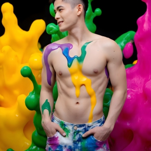 Paint Splat Fun - AI Photos of Hot men having fun with body paint. AI-generated abstract art featuring beautiful, handsome, sexy, shirtless, men, boys, lads, full of excitement joy and fun, covered in body paint, dynamic, interactive, Combining elements of realism with surreal abstract qualities, showcasing the potential of AI, in artistic expression. Photos of guys, just smiling, happy, and having a good time. Most of them are smiling because a paint bomb just blow up next to them, so I'm calling is Abstract Art. When paint attacks and makes people happy, it's Art!