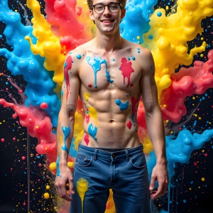 Paint Splat Fun - AI Photos of Hot men having fun with body paint. AI-generated abstract art featuring beautiful, handsome, sexy, shirtless, men, boys, lads, full of excitement joy and fun, covered in body paint, dynamic, interactive, Combining elements of realism with surreal abstract qualities, showcasing the potential of AI, in artistic expression. Photos of guys, just smiling, happy, and having a good time. Most of them are smiling because a paint bomb just blow up next to them, so I'm calling is Abstract Art. When paint attacks and makes people happy, it's Art!