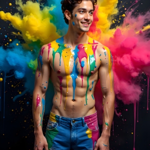 Paint Splat Fun - AI Photos of Hot men having fun with body paint. AI-generated abstract art featuring beautiful, handsome, sexy, shirtless, men, boys, lads, full of excitement joy and fun, covered in body paint, dynamic, interactive, Combining elements of realism with surreal abstract qualities, showcasing the potential of AI, in artistic expression. Photos of guys, just smiling, happy, and having a good time. Most of them are smiling because a paint bomb just blow up next to them, so I'm calling is Abstract Art. When paint attacks and makes people happy, it's Art!