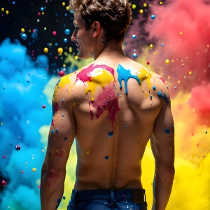 Paint Splat Fun - AI Photos of Hot men having fun with body paint. AI-generated abstract art featuring beautiful, handsome, sexy, shirtless, men, boys, lads, full of excitement joy and fun, covered in body paint, dynamic, interactive, Combining elements of realism with surreal abstract qualities, showcasing the potential of AI, in artistic expression. Photos of guys, just smiling, happy, and having a good time. Most of them are smiling because a paint bomb just blow up next to them, so I'm calling is Abstract Art. When paint attacks and makes people happy, it's Art!