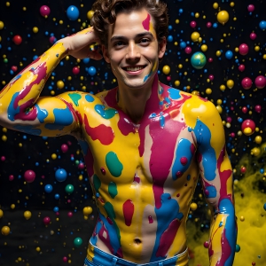Paint Splat Fun - AI Photos of Hot men having fun with body paint. AI-generated abstract art featuring beautiful, handsome, sexy, shirtless, men, boys, lads, full of excitement joy and fun, covered in body paint, dynamic, interactive, Combining elements of realism with surreal abstract qualities, showcasing the potential of AI, in artistic expression. Photos of guys, just smiling, happy, and having a good time. Most of them are smiling because a paint bomb just blow up next to them, so I'm calling is Abstract Art. When paint attacks and makes people happy, it's Art!