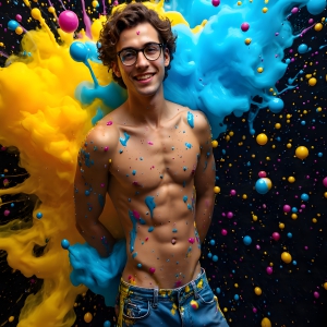 Paint Splat Fun - AI Photos of Hot men having fun with body paint. AI-generated abstract art featuring beautiful, handsome, sexy, shirtless, men, boys, lads, full of excitement joy and fun, covered in body paint, dynamic, interactive, Combining elements of realism with surreal abstract qualities, showcasing the potential of AI, in artistic expression. Photos of guys, just smiling, happy, and having a good time. Most of them are smiling because a paint bomb just blow up next to them, so I'm calling is Abstract Art. When paint attacks and makes people happy, it's Art!