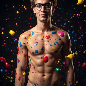 Paint Splat Fun - AI Photos of Hot men having fun with body paint. AI-generated abstract art featuring beautiful, handsome, sexy, shirtless, men, boys, lads, full of excitement joy and fun, covered in body paint, dynamic, interactive, Combining elements of realism with surreal abstract qualities, showcasing the potential of AI, in artistic expression. Photos of guys, just smiling, happy, and having a good time. Most of them are smiling because a paint bomb just blow up next to them, so I'm calling is Abstract Art. When paint attacks and makes people happy, it's Art!