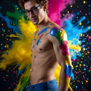 Paint Splat Fun - AI Photos of Hot men having fun with body paint. AI-generated abstract art featuring beautiful, handsome, sexy, shirtless, men, boys, lads, full of excitement joy and fun, covered in body paint, dynamic, interactive, Combining elements of realism with surreal abstract qualities, showcasing the potential of AI, in artistic expression. Photos of guys, just smiling, happy, and having a good time. Most of them are smiling because a paint bomb just blow up next to them, so I'm calling is Abstract Art. When paint attacks and makes people happy, it's Art!