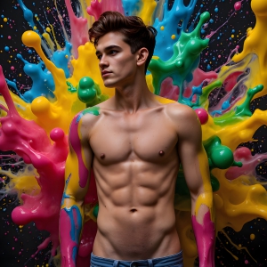 Paint Splat Fun - AI Photos of Hot men having fun with body paint. AI-generated abstract art featuring beautiful, handsome, sexy, shirtless, men, boys, lads, full of excitement joy and fun, covered in body paint, dynamic, interactive, Combining elements of realism with surreal abstract qualities, showcasing the potential of AI, in artistic expression. Photos of guys, just smiling, happy, and having a good time. Most of them are smiling because a paint bomb just blow up next to them, so I'm calling is Abstract Art. When paint attacks and makes people happy, it's Art!