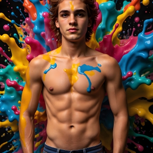 Paint Splat Fun - AI Photos of Hot men having fun with body paint. AI-generated abstract art featuring beautiful, handsome, sexy, shirtless, men, boys, lads, full of excitement joy and fun, covered in body paint, dynamic, interactive, Combining elements of realism with surreal abstract qualities, showcasing the potential of AI, in artistic expression. Photos of guys, just smiling, happy, and having a good time. Most of them are smiling because a paint bomb just blow up next to them, so I'm calling is Abstract Art. When paint attacks and makes people happy, it's Art!