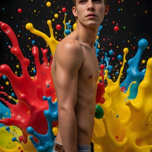 Paint Splat Fun - AI Photos of Hot men having fun with body paint. AI-generated abstract art featuring beautiful, handsome, sexy, shirtless, men, boys, lads, full of excitement joy and fun, covered in body paint, dynamic, interactive, Combining elements of realism with surreal abstract qualities, showcasing the potential of AI, in artistic expression. Photos of guys, just smiling, happy, and having a good time. Most of them are smiling because a paint bomb just blow up next to them, so I'm calling is Abstract Art. When paint attacks and makes people happy, it's Art!