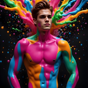 Paint Splat Fun - AI Photos of Hot men having fun with body paint. AI-generated abstract art featuring beautiful, handsome, sexy, shirtless, men, boys, lads, full of excitement joy and fun, covered in body paint, dynamic, interactive, Combining elements of realism with surreal abstract qualities, showcasing the potential of AI, in artistic expression. Photos of guys, just smiling, happy, and having a good time. Most of them are smiling because a paint bomb just blow up next to them, so I'm calling is Abstract Art. When paint attacks and makes people happy, it's Art!