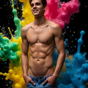 Paint Splat Fun - AI Photos of Hot men having fun with body paint. AI-generated abstract art featuring beautiful, handsome, sexy, shirtless, men, boys, lads, full of excitement joy and fun, covered in body paint, dynamic, interactive, Combining elements of realism with surreal abstract qualities, showcasing the potential of AI, in artistic expression. Photos of guys, just smiling, happy, and having a good time. Most of them are smiling because a paint bomb just blow up next to them, so I'm calling is Abstract Art. When paint attacks and makes people happy, it's Art!