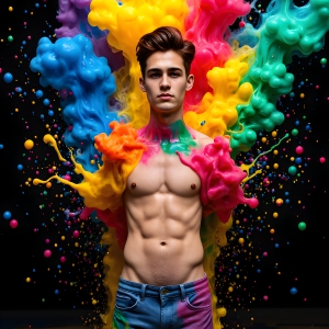 Paint Splat Fun - AI Photos of Hot men having fun with body paint. AI-generated abstract art featuring beautiful, handsome, sexy, shirtless, men, boys, lads, full of excitement joy and fun, covered in body paint, dynamic, interactive, Combining elements of realism with surreal abstract qualities, showcasing the potential of AI, in artistic expression. Photos of guys, just smiling, happy, and having a good time. Most of them are smiling because a paint bomb just blow up next to them, so I'm calling is Abstract Art. When paint attacks and makes people happy, it's Art!
