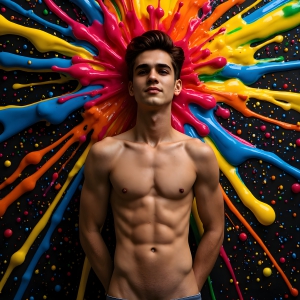 Paint Splat Fun - AI Photos of Hot men having fun with body paint. AI-generated abstract art featuring beautiful, handsome, sexy, shirtless, men, boys, lads, full of excitement joy and fun, covered in body paint, dynamic, interactive, Combining elements of realism with surreal abstract qualities, showcasing the potential of AI, in artistic expression. Photos of guys, just smiling, happy, and having a good time. Most of them are smiling because a paint bomb just blow up next to them, so I'm calling is Abstract Art. When paint attacks and makes people happy, it's Art!