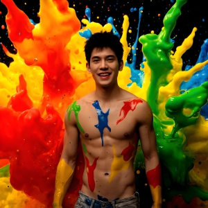 Paint Splat Fun - AI Photos of Hot men having fun with body paint. AI-generated abstract art featuring beautiful, handsome, sexy, shirtless, men, boys, lads, full of excitement joy and fun, covered in body paint, dynamic, interactive, Combining elements of realism with surreal abstract qualities, showcasing the potential of AI, in artistic expression. Photos of guys, just smiling, happy, and having a good time. Most of them are smiling because a paint bomb just blow up next to them, so I'm calling is Abstract Art. When paint attacks and makes people happy, it's Art!