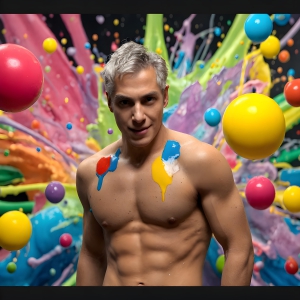 Paint Splat Fun - AI Photos of Hot men having fun with body paint. AI-generated abstract art featuring beautiful, handsome, sexy, shirtless, men, boys, lads, full of excitement joy and fun, covered in body paint, dynamic, interactive, Combining elements of realism with surreal abstract qualities, showcasing the potential of AI, in artistic expression. Photos of guys, just smiling, happy, and having a good time. Most of them are smiling because a paint bomb just blow up next to them, so I'm calling is Abstract Art. When paint attacks and makes people happy, it's Art!