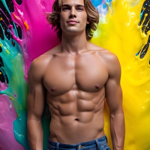 Paint Splat Fun - AI Photos of Hot men having fun with body paint. AI-generated abstract art featuring beautiful, handsome, sexy, shirtless, men, boys, lads, full of excitement joy and fun, covered in body paint, dynamic, interactive, Combining elements of realism with surreal abstract qualities, showcasing the potential of AI, in artistic expression. Photos of guys, just smiling, happy, and having a good time. Most of them are smiling because a paint bomb just blow up next to them, so I'm calling is Abstract Art. When paint attacks and makes people happy, it's Art!