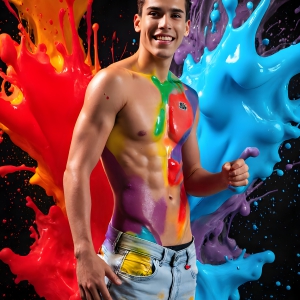 Paint Splat Fun - AI Photos of Hot men having fun with body paint. AI-generated abstract art featuring beautiful, handsome, sexy, shirtless, men, boys, lads, full of excitement joy and fun, covered in body paint, dynamic, interactive, Combining elements of realism with surreal abstract qualities, showcasing the potential of AI, in artistic expression. Photos of guys, just smiling, happy, and having a good time. Most of them are smiling because a paint bomb just blow up next to them, so I'm calling is Abstract Art. When paint attacks and makes people happy, it's Art!