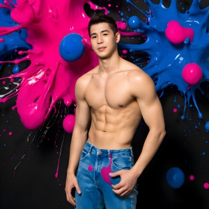 Paint Splat Fun - AI Photos of Hot men having fun with body paint. AI-generated abstract art featuring beautiful, handsome, sexy, shirtless, men, boys, lads, full of excitement joy and fun, covered in body paint, dynamic, interactive, Combining elements of realism with surreal abstract qualities, showcasing the potential of AI, in artistic expression. Photos of guys, just smiling, happy, and having a good time. Most of them are smiling because a paint bomb just blow up next to them, so I'm calling is Abstract Art. When paint attacks and makes people happy, it's Art!