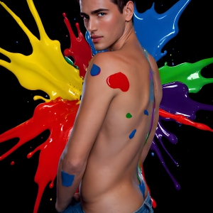 Paint Splat Fun - AI Photos of Hot men having fun with body paint. AI-generated abstract art featuring beautiful, handsome, sexy, shirtless, men, boys, lads, full of excitement joy and fun, covered in body paint, dynamic, interactive, Combining elements of realism with surreal abstract qualities, showcasing the potential of AI, in artistic expression. Photos of guys, just smiling, happy, and having a good time. Most of them are smiling because a paint bomb just blow up next to them, so I'm calling is Abstract Art. When paint attacks and makes people happy, it's Art!