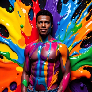 Paint Splat Fun - AI Photos of Hot men having fun with body paint. AI-generated abstract art featuring beautiful, handsome, sexy, shirtless, men, boys, lads, full of excitement joy and fun, covered in body paint, dynamic, interactive, Combining elements of realism with surreal abstract qualities, showcasing the potential of AI, in artistic expression. Photos of guys, just smiling, happy, and having a good time. Most of them are smiling because a paint bomb just blow up next to them, so I'm calling is Abstract Art. When paint attacks and makes people happy, it's Art!