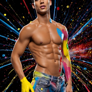 Paint Splat Fun - AI Photos of Hot men having fun with body paint. AI-generated abstract art featuring beautiful, handsome, sexy, shirtless, men, boys, lads, full of excitement joy and fun, covered in body paint, dynamic, interactive, Combining elements of realism with surreal abstract qualities, showcasing the potential of AI, in artistic expression. Photos of guys, just smiling, happy, and having a good time. Most of them are smiling because a paint bomb just blow up next to them, so I'm calling is Abstract Art. When paint attacks and makes people happy, it's Art!