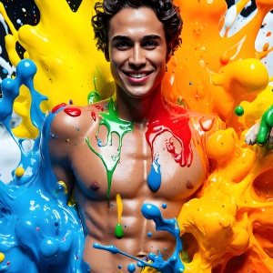Paint Splat Fun - AI Photos of Hot men having fun with body paint. AI-generated abstract art featuring beautiful, handsome, sexy, shirtless, men, boys, lads, full of excitement joy and fun, covered in body paint, dynamic, interactive, Combining elements of realism with surreal abstract qualities, showcasing the potential of AI, in artistic expression. Photos of guys, just smiling, happy, and having a good time. Most of them are smiling because a paint bomb just blow up next to them, so I'm calling is Abstract Art. When paint attacks and makes people happy, it's Art!