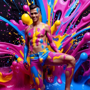 Paint Splat Fun - AI Photos of Hot men having fun with body paint. AI-generated abstract art featuring beautiful, handsome, sexy, shirtless, men, boys, lads, full of excitement joy and fun, covered in body paint, dynamic, interactive, Combining elements of realism with surreal abstract qualities, showcasing the potential of AI, in artistic expression. Photos of guys, just smiling, happy, and having a good time. Most of them are smiling because a paint bomb just blow up next to them, so I'm calling is Abstract Art. When paint attacks and makes people happy, it's Art!