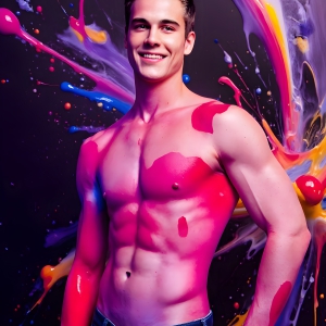 Paint Splat Fun - AI Photos of Hot men having fun with body paint. AI-generated abstract art featuring beautiful, handsome, sexy, shirtless, men, boys, lads, full of excitement joy and fun, covered in body paint, dynamic, interactive, Combining elements of realism with surreal abstract qualities, showcasing the potential of AI, in artistic expression. Photos of guys, just smiling, happy, and having a good time. Most of them are smiling because a paint bomb just blow up next to them, so I'm calling is Abstract Art. When paint attacks and makes people happy, it's Art!