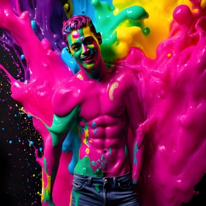 Paint Splat Fun - AI Photos of Hot men having fun with body paint. AI-generated abstract art featuring beautiful, handsome, sexy, shirtless, men, boys, lads, full of excitement joy and fun, covered in body paint, dynamic, interactive, Combining elements of realism with surreal abstract qualities, showcasing the potential of AI, in artistic expression. Photos of guys, just smiling, happy, and having a good time. Most of them are smiling because a paint bomb just blow up next to them, so I'm calling is Abstract Art. When paint attacks and makes people happy, it's Art!