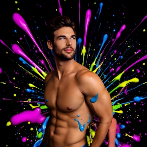 Paint Splat Fun - AI Photos of Hot men having fun with body paint. AI-generated abstract art featuring beautiful, handsome, sexy, shirtless, men, boys, lads, full of excitement joy and fun, covered in body paint, dynamic, interactive, Combining elements of realism with surreal abstract qualities, showcasing the potential of AI, in artistic expression. Photos of guys, just smiling, happy, and having a good time. Most of them are smiling because a paint bomb just blow up next to them, so I'm calling is Abstract Art. When paint attacks and makes people happy, it's Art!