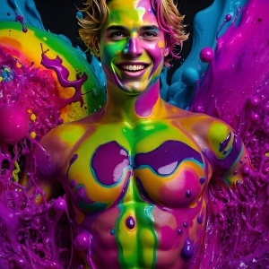Paint Splat Fun - AI Photos of Hot men having fun with body paint. AI-generated abstract art featuring beautiful, handsome, sexy, shirtless, men, boys, lads, full of excitement joy and fun, covered in body paint, dynamic, interactive, Combining elements of realism with surreal abstract qualities, showcasing the potential of AI, in artistic expression. Photos of guys, just smiling, happy, and having a good time. Most of them are smiling because a paint bomb just blow up next to them, so I'm calling is Abstract Art. When paint attacks and makes people happy, it's Art!