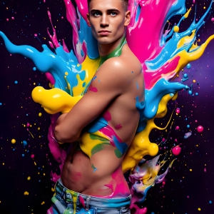 Paint Splat Fun - AI Photos of Hot men having fun with body paint. AI-generated abstract art featuring beautiful, handsome, sexy, shirtless, men, boys, lads, full of excitement joy and fun, covered in body paint, dynamic, interactive, Combining elements of realism with surreal abstract qualities, showcasing the potential of AI, in artistic expression. Photos of guys, just smiling, happy, and having a good time. Most of them are smiling because a paint bomb just blow up next to them, so I'm calling is Abstract Art. When paint attacks and makes people happy, it's Art!