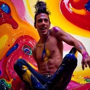 Paint Splat Fun - AI Photos of Hot men having fun with body paint. AI-generated abstract art featuring beautiful, handsome, sexy, shirtless, men, boys, lads, full of excitement joy and fun, covered in body paint, dynamic, interactive, Combining elements of realism with surreal abstract qualities, showcasing the potential of AI, in artistic expression. Photos of guys, just smiling, happy, and having a good time. Most of them are smiling because a paint bomb just blow up next to them, so I'm calling is Abstract Art. When paint attacks and makes people happy, it's Art!