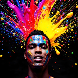 Paint Splat Fun - AI Photos of Hot men having fun with body paint. AI-generated abstract art featuring beautiful, handsome, sexy, shirtless, men, boys, lads, full of excitement joy and fun, covered in body paint, dynamic, interactive, Combining elements of realism with surreal abstract qualities, showcasing the potential of AI, in artistic expression. Photos of guys, just smiling, happy, and having a good time. Most of them are smiling because a paint bomb just blow up next to them, so I'm calling is Abstract Art. When paint attacks and makes people happy, it's Art!