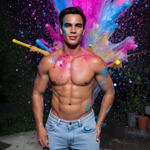 Paint Splat Fun - AI Photos of Hot men having fun with body paint. AI-generated abstract art featuring beautiful, handsome, sexy, shirtless, men, boys, lads, full of excitement joy and fun, covered in body paint, dynamic, interactive, Combining elements of realism with surreal abstract qualities, showcasing the potential of AI, in artistic expression. Photos of guys, just smiling, happy, and having a good time. Most of them are smiling because a paint bomb just blow up next to them, so I'm calling is Abstract Art. When paint attacks and makes people happy, it's Art!