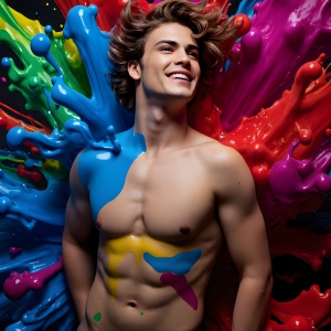 Paint Splat Fun - AI Photos of Hot men having fun with body paint. AI-generated abstract art featuring beautiful, handsome, sexy, shirtless, men, boys, lads, full of excitement joy and fun, covered in body paint, dynamic, interactive, Combining elements of realism with surreal abstract qualities, showcasing the potential of AI, in artistic expression. Photos of guys, just smiling, happy, and having a good time. Most of them are smiling because a paint bomb just blow up next to them, so I'm calling is Abstract Art. When paint attacks and makes people happy, it's Art!