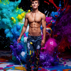 Paint Splat Fun - AI Photos of Hot men having fun with body paint. AI-generated abstract art featuring beautiful, handsome, sexy, shirtless, men, boys, lads, full of excitement joy and fun, covered in body paint, dynamic, interactive, Combining elements of realism with surreal abstract qualities, showcasing the potential of AI, in artistic expression. Photos of guys, just smiling, happy, and having a good time. Most of them are smiling because a paint bomb just blow up next to them, so I'm calling is Abstract Art. When paint attacks and makes people happy, it's Art!