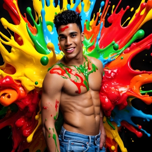 Paint Splat Fun - AI Photos of Hot men having fun with body paint. AI-generated abstract art featuring beautiful, handsome, sexy, shirtless, men, boys, lads, full of excitement joy and fun, covered in body paint, dynamic, interactive, Combining elements of realism with surreal abstract qualities, showcasing the potential of AI, in artistic expression. Photos of guys, just smiling, happy, and having a good time. Most of them are smiling because a paint bomb just blow up next to them, so I'm calling is Abstract Art. When paint attacks and makes people happy, it's Art!