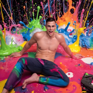 Paint Splat Fun - AI Photos of Hot men having fun with body paint. AI-generated abstract art featuring beautiful, handsome, sexy, shirtless, men, boys, lads, full of excitement joy and fun, covered in body paint, dynamic, interactive, Combining elements of realism with surreal abstract qualities, showcasing the potential of AI, in artistic expression. Photos of guys, just smiling, happy, and having a good time. Most of them are smiling because a paint bomb just blow up next to them, so I'm calling is Abstract Art. When paint attacks and makes people happy, it's Art!