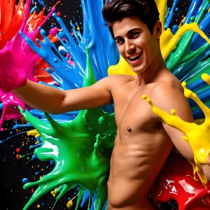 Paint Splat Fun - AI Photos of Hot men having fun with body paint. AI-generated abstract art featuring beautiful, handsome, sexy, shirtless, men, boys, lads, full of excitement joy and fun, covered in body paint, dynamic, interactive, Combining elements of realism with surreal abstract qualities, showcasing the potential of AI, in artistic expression. Photos of guys, just smiling, happy, and having a good time. Most of them are smiling because a paint bomb just blow up next to them, so I'm calling is Abstract Art. When paint attacks and makes people happy, it's Art!