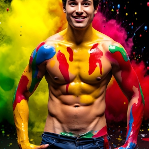 Paint Splat Fun - AI Photos of Hot men having fun with body paint. AI-generated abstract art featuring beautiful, handsome, sexy, shirtless, men, boys, lads, full of excitement joy and fun, covered in body paint, dynamic, interactive, Combining elements of realism with surreal abstract qualities, showcasing the potential of AI, in artistic expression. Photos of guys, just smiling, happy, and having a good time. Most of them are smiling because a paint bomb just blow up next to them, so I'm calling is Abstract Art. When paint attacks and makes people happy, it's Art!