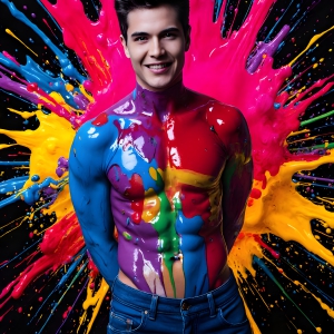 Paint Splat Fun - AI Photos of Hot men having fun with body paint. AI-generated abstract art featuring beautiful, handsome, sexy, shirtless, men, boys, lads, full of excitement joy and fun, covered in body paint, dynamic, interactive, Combining elements of realism with surreal abstract qualities, showcasing the potential of AI, in artistic expression. Photos of guys, just smiling, happy, and having a good time. Most of them are smiling because a paint bomb just blow up next to them, so I'm calling is Abstract Art. When paint attacks and makes people happy, it's Art!
