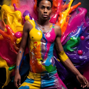 Paint Splat Fun - AI Photos of Hot men having fun with body paint. AI-generated abstract art featuring beautiful, handsome, sexy, shirtless, men, boys, lads, full of excitement joy and fun, covered in body paint, dynamic, interactive, Combining elements of realism with surreal abstract qualities, showcasing the potential of AI, in artistic expression. Photos of guys, just smiling, happy, and having a good time. Most of them are smiling because a paint bomb just blow up next to them, so I'm calling is Abstract Art. When paint attacks and makes people happy, it's Art!