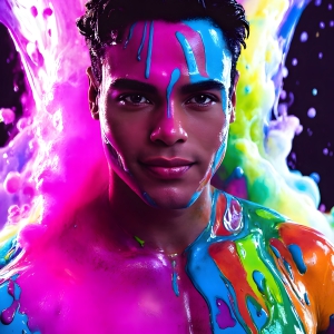 Paint Splat Fun - AI Photos of Hot men having fun with body paint. AI-generated abstract art featuring beautiful, handsome, sexy, shirtless, men, boys, lads, full of excitement joy and fun, covered in body paint, dynamic, interactive, Combining elements of realism with surreal abstract qualities, showcasing the potential of AI, in artistic expression. Photos of guys, just smiling, happy, and having a good time. Most of them are smiling because a paint bomb just blow up next to them, so I'm calling is Abstract Art. When paint attacks and makes people happy, it's Art!