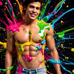 Paint Splat Fun - AI Photos of Hot men having fun with body paint. AI-generated abstract art featuring beautiful, handsome, sexy, shirtless, men, boys, lads, full of excitement joy and fun, covered in body paint, dynamic, interactive, Combining elements of realism with surreal abstract qualities, showcasing the potential of AI, in artistic expression. Photos of guys, just smiling, happy, and having a good time. Most of them are smiling because a paint bomb just blow up next to them, so I'm calling is Abstract Art. When paint attacks and makes people happy, it's Art!