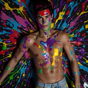 Paint Splat Fun - AI Photos of Hot men having fun with body paint. AI-generated abstract art featuring beautiful, handsome, sexy, shirtless, men, boys, lads, full of excitement joy and fun, covered in body paint, dynamic, interactive, Combining elements of realism with surreal abstract qualities, showcasing the potential of AI, in artistic expression. Photos of guys, just smiling, happy, and having a good time. Most of them are smiling because a paint bomb just blow up next to them, so I'm calling is Abstract Art. When paint attacks and makes people happy, it's Art!