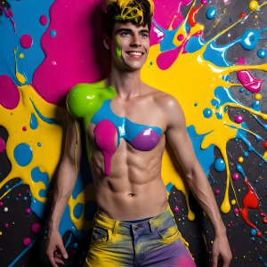 Paint Splat Fun - AI Photos of Hot men having fun with body paint. AI-generated abstract art featuring beautiful, handsome, sexy, shirtless, men, boys, lads, full of excitement joy and fun, covered in body paint, dynamic, interactive, Combining elements of realism with surreal abstract qualities, showcasing the potential of AI, in artistic expression. Photos of guys, just smiling, happy, and having a good time. Most of them are smiling because a paint bomb just blow up next to them, so I'm calling is Abstract Art. When paint attacks and makes people happy, it's Art!