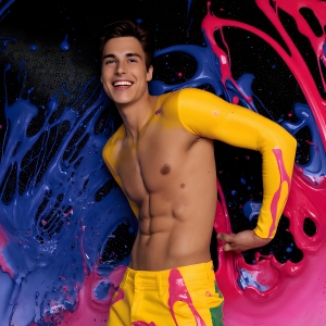 Paint Splat Fun - AI Photos of Hot men having fun with body paint. AI-generated abstract art featuring beautiful, handsome, sexy, shirtless, men, boys, lads, full of excitement joy and fun, covered in body paint, dynamic, interactive, Combining elements of realism with surreal abstract qualities, showcasing the potential of AI, in artistic expression. Photos of guys, just smiling, happy, and having a good time. Most of them are smiling because a paint bomb just blow up next to them, so I'm calling is Abstract Art. When paint attacks and makes people happy, it's Art!